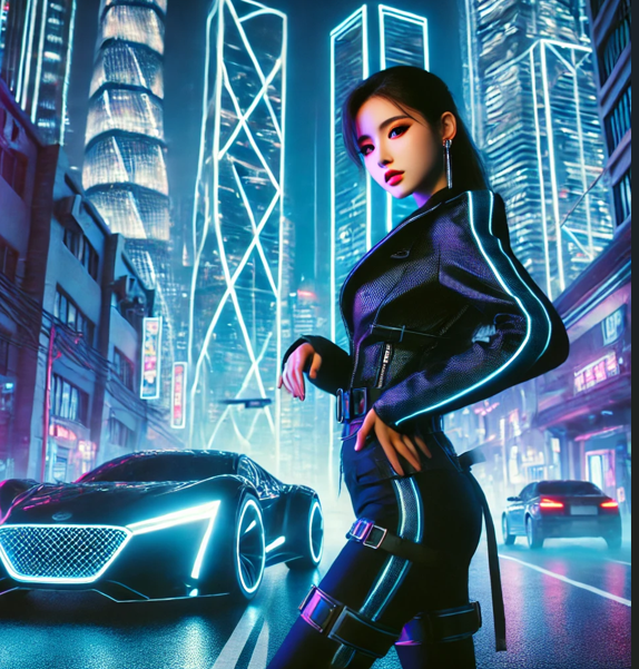 한국 드라마. 미래 도시를 배경으로 자동차 앞에 젊은 여주인공이 서있다.