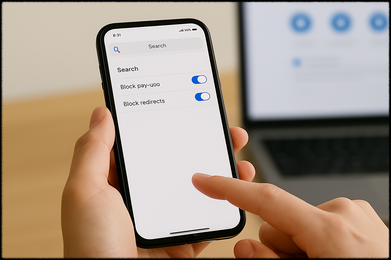 스마트폰을 들고 광고 차단 기능을 확인하는 모습