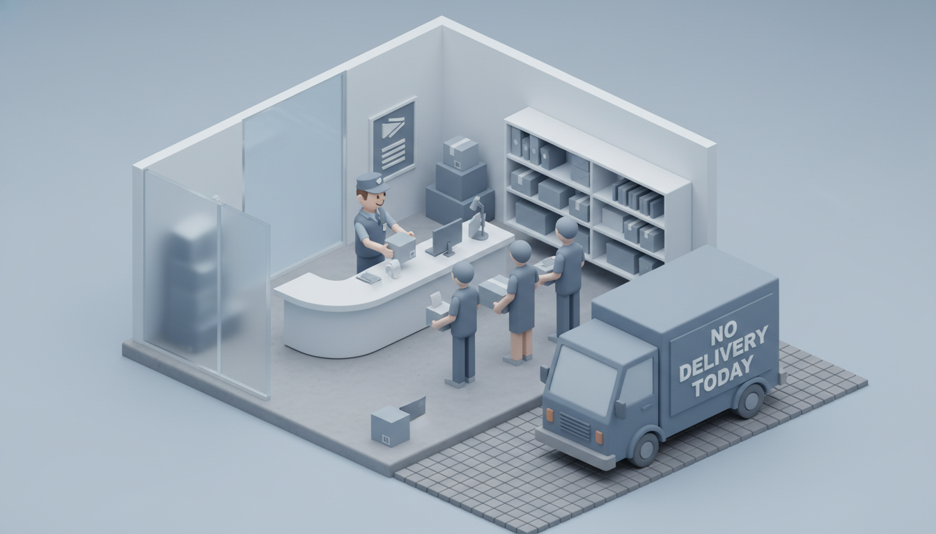 창구 업무만 진행되고 택배 배달은 멈춘 우체국의 모습을 보여주는 3D 일러스트