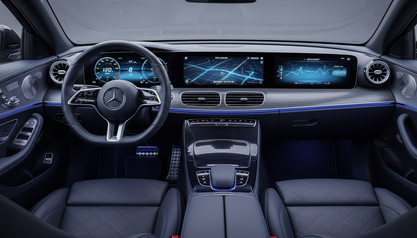 블루 앰비언트 라이트와 MBUX 하이퍼스크린이 적용된 2026 벤츠 C클래스 전기차 실내 인테리어