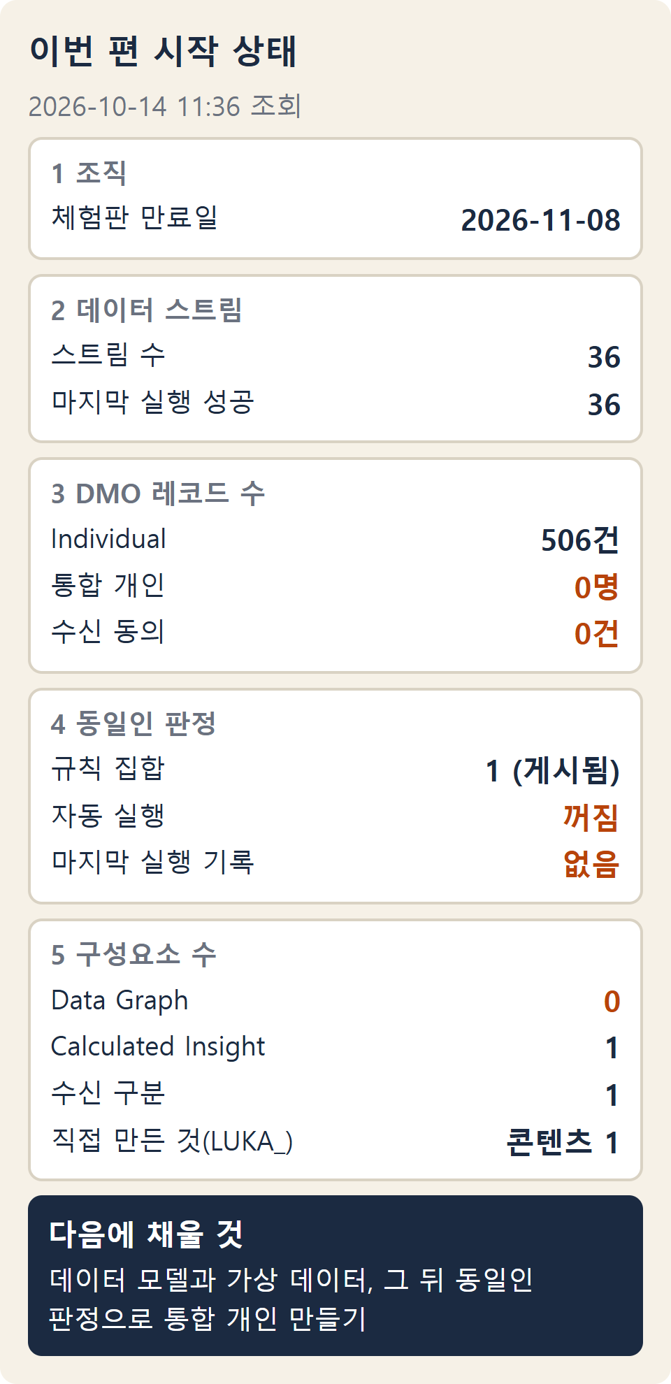 조직, 데이터 스트림, DMO 레코드 수, 동일인 판정, 구성요소 수 다섯 묶음의 조회 값을 카드로 보이고, Individual 506건에 통합 개인 0명, 동일인 판정 자동 실행 꺼짐과 마지막 실행 기록 없음, Data Graph 0을 강조하고, 다음에 채울 것을 적은 그림