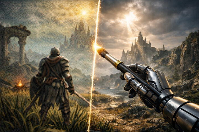 저해상도 원본을 고품질로 변환하는 DLSS 4.0의 AI 뉴럴 렌더링 비교 이미지