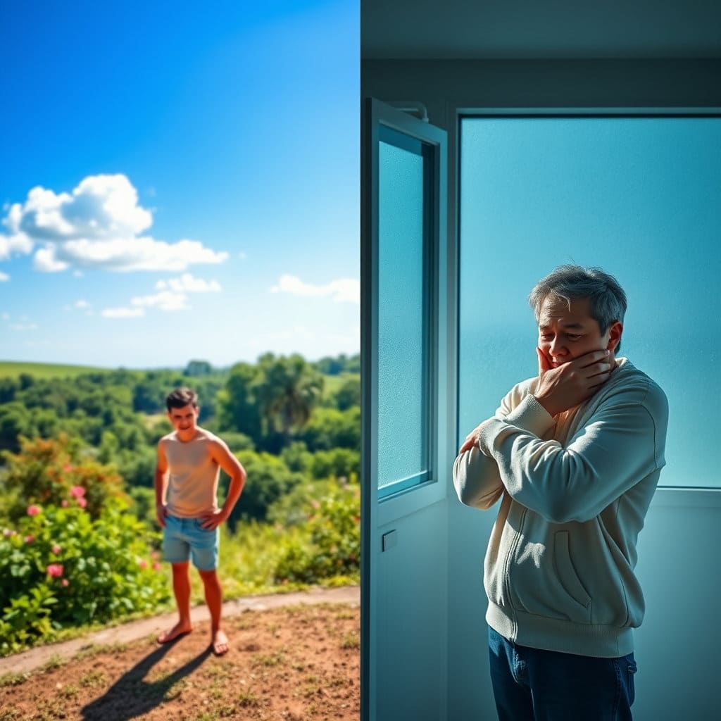 한쪽은 뜨거운 햇볕이 내리쬐는 야외 풍경(땀 흘리는 사람 포함), 다른 한쪽은 에어컨이 강하게 가동되어 서늘한 실내 풍경(얇은 옷을 입고 추워하는 사람 포함)을 대비시켜 보여줍니다. 두 공간의 경계가 명확하게 구분됩니다.