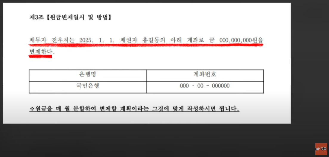 차용증 원금변제일시 및 방법