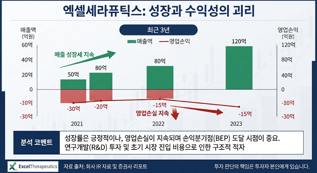 엑셀세라퓨틱스 매출 급증과 영업손실 지속