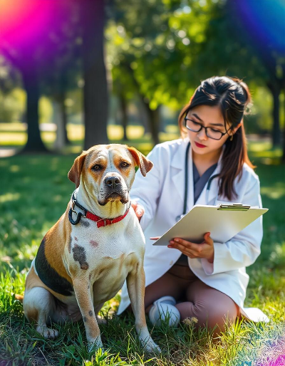 야외에서 강아지와 주인 모습