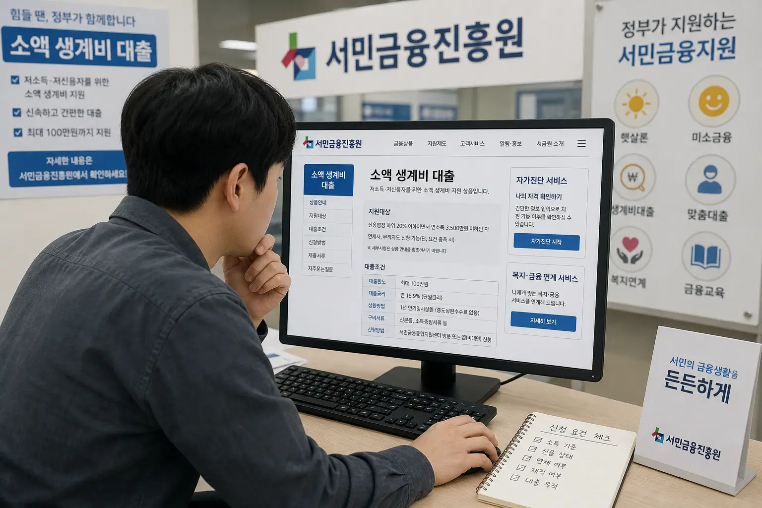 무직 연체자 대출 정부 주관 소액 생계비 대출 자격 기준과 서민 지원 인프라 신청 요건을 서민금융진흥원 전산망으로 검토하는 차주