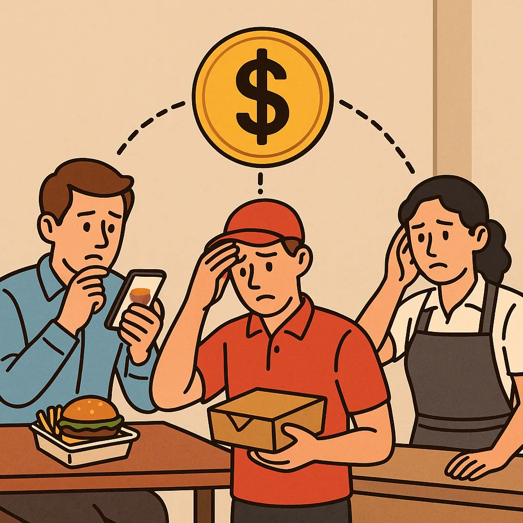 음식-배달-수수료를-놓고-고민하는-소비자-배달원-음식점-사장의-모습을-묘사한-일러스트