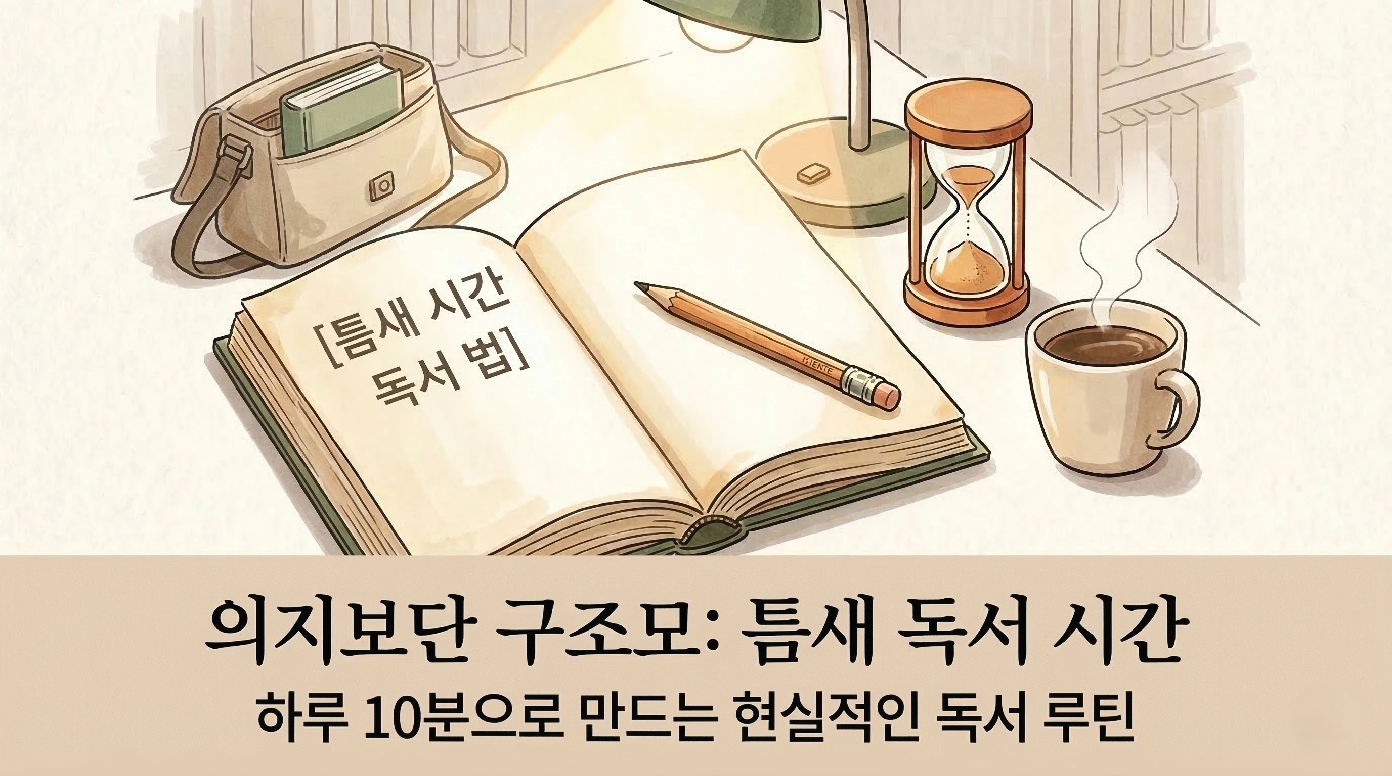 틈새 시간을 활용해 하루 10분 독서를 하는 현실적인 독서 루틴을 보여주는 책과 커피, 모래시계 일러스트 이미지