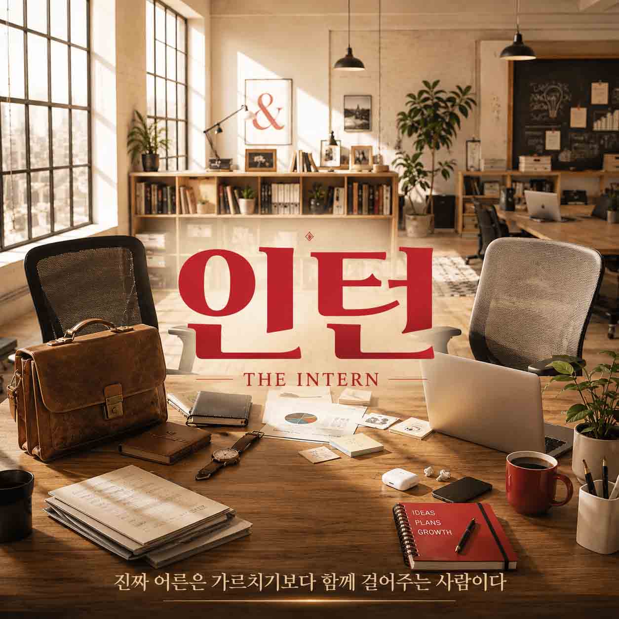 영화 인턴을 표현한 햇살이 비치는 사무실과 업무용 책상, 가죽 서류가방과 노트북 이미지