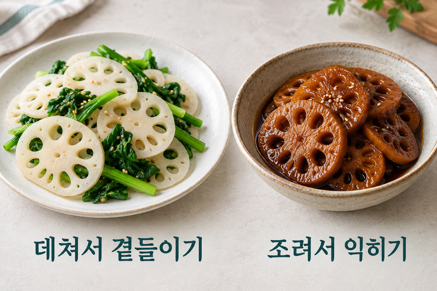 얇게 데쳐 채소와 곁들인 연근과 익힌 연근조림의 조리 형태