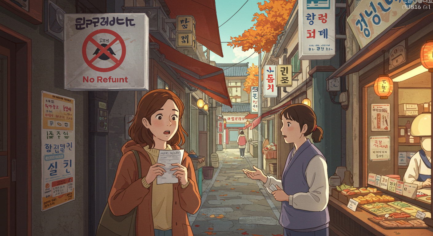 환급 불가 영수증을 보고 놀란 여성과 설명하는 상인