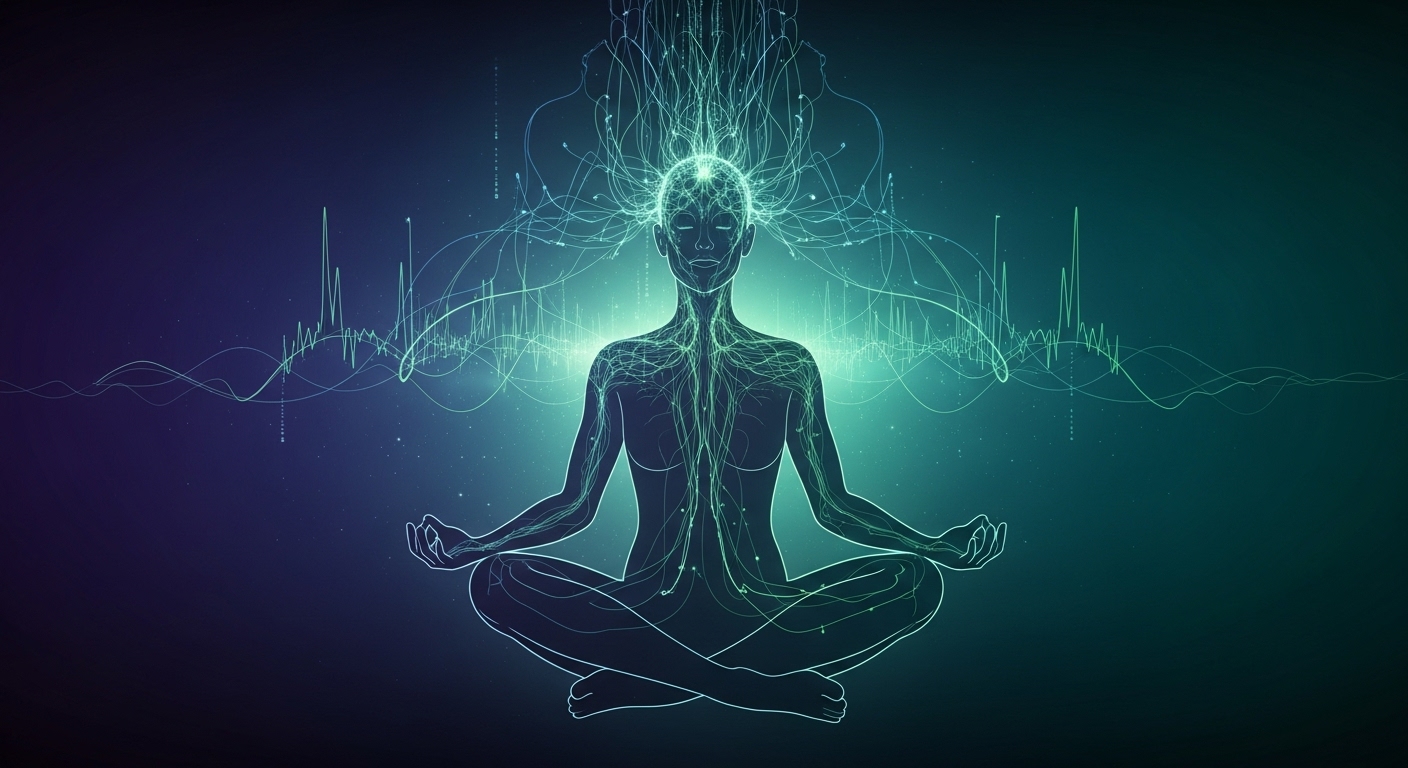 명상을 하는 사람과 그 주변을 감싸는 푸른색 스마트 데이터 선