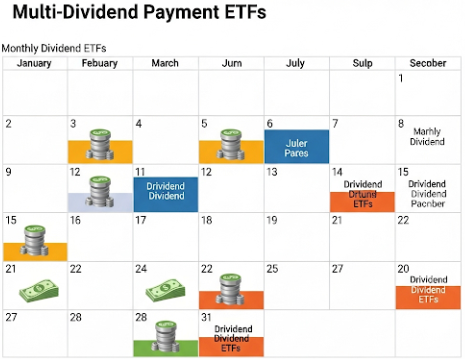 달력에 여러 날짜에 돈이 입금되는 아이콘이 표시된 이미지. 월배당 ETF의 다중 배당 지급일 포트폴리오를 상징