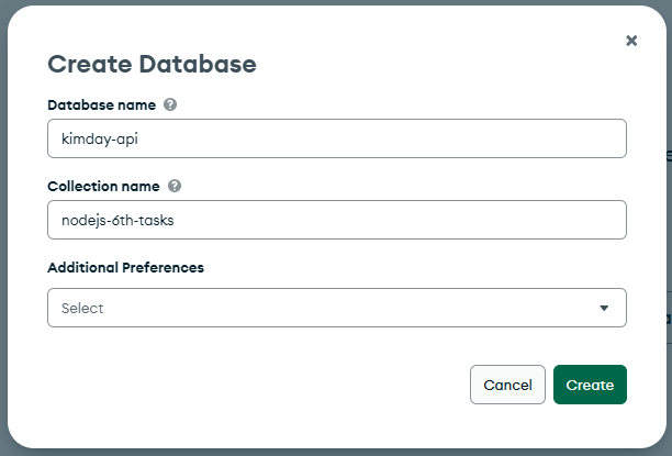 Create Database 팝업창에 정보 입력 후 Create 버튼 클릭