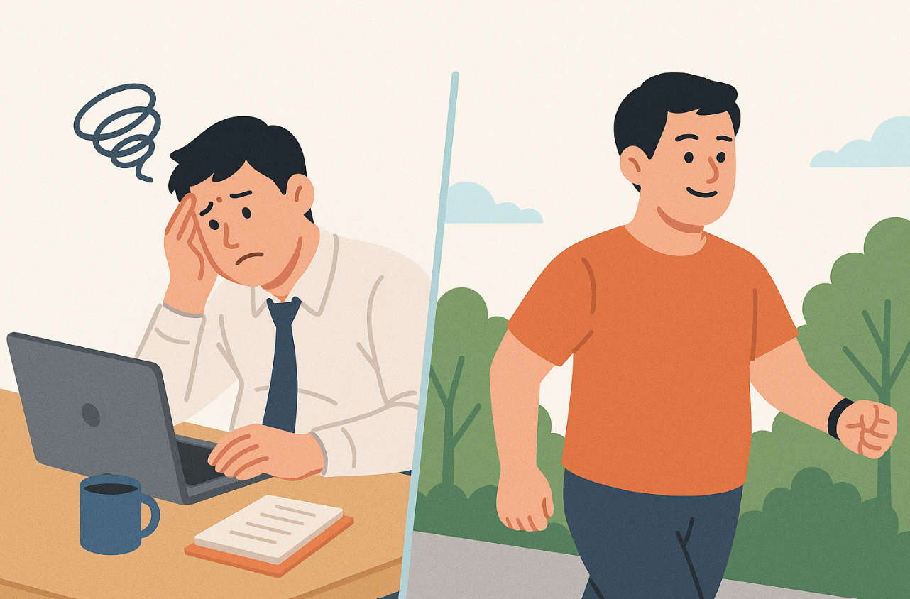 직장일로 스트레스 받는 남성과 운동하는 남성의 비교 일러스트