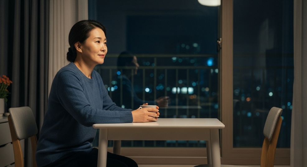 장사 후 야간에 홀로 앉아 있는 중년 한국인 여성