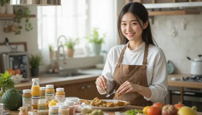 식탁 위에서 건강한 식단과 보충제를 함께 챙기는 여성