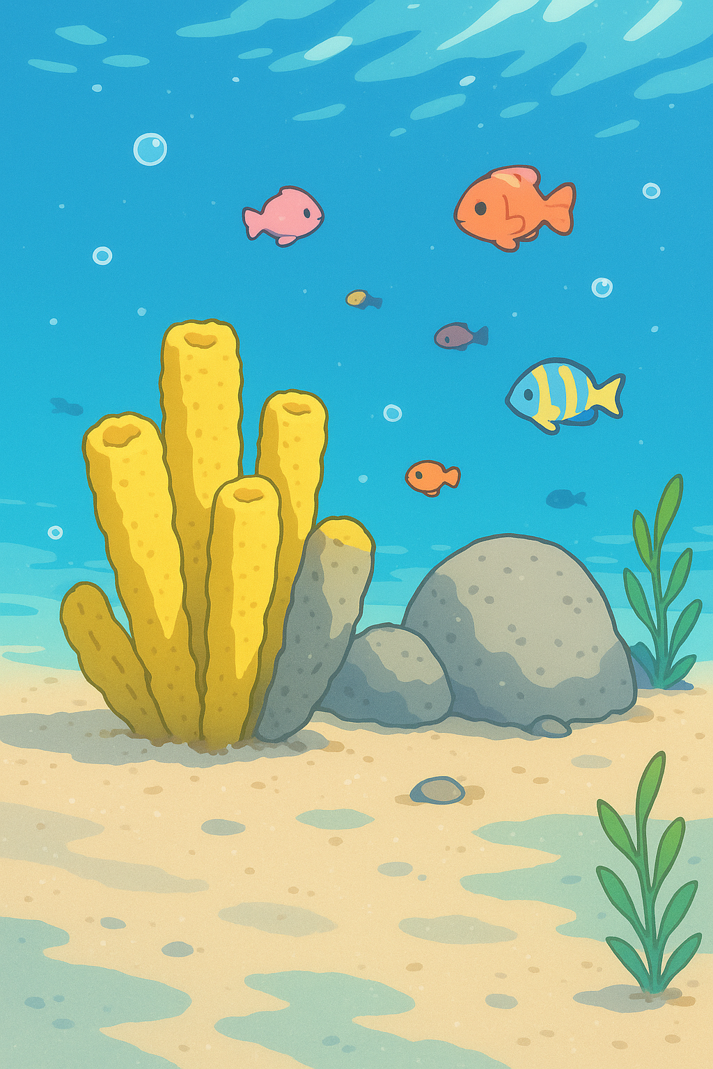 투명한 바닷속 모래 바닥에 자리한 노란 해면과 회색 바위, 주변을 헤엄치는 작은 열대어와 초록 수초
