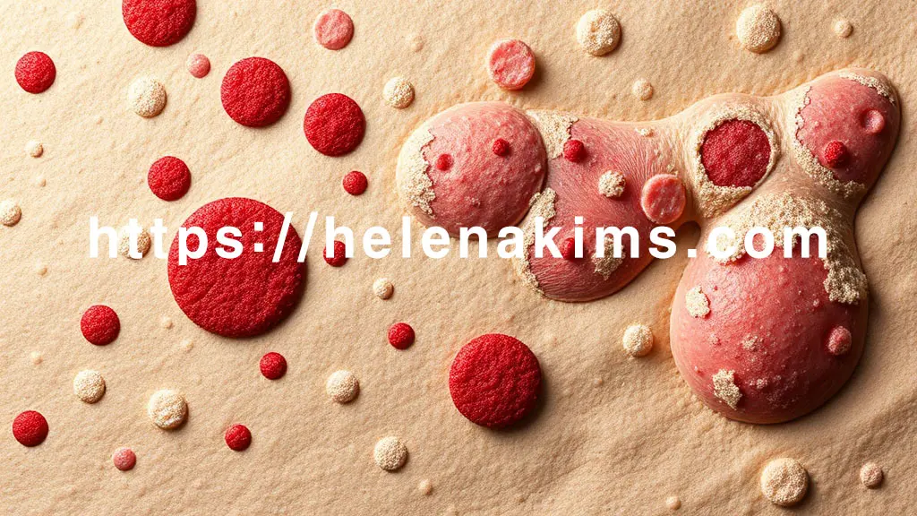 건강한 피부 결에서 시작하여 점진적으로 붉은 반점, 두꺼운 은백색 인설, 각화된 피부로 변모하는 그래픽 이미지.