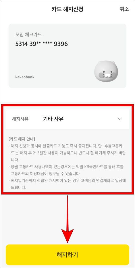 해지사유를 선택하고, 카드 해지 안내를 확인한 다음 '해지하기'를 선택