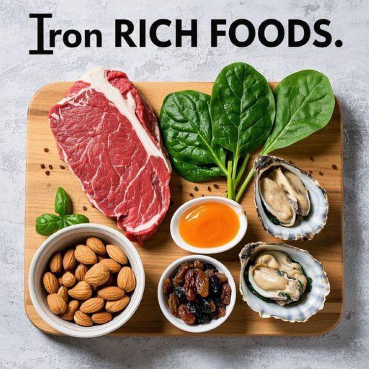 다양한 철분 풍부한 음식들이 아름답게 배치된 플랫레이 스타일 사진. 소고기, 시금치, 견과류, 건포도, 굴 등이 나무 도마 위에 정갈하게 놓여있고, 자연광이 들어오는 밝은 배경. 상단에 '철분 RICH FOODS'라는 깔끔한 타이포그래피