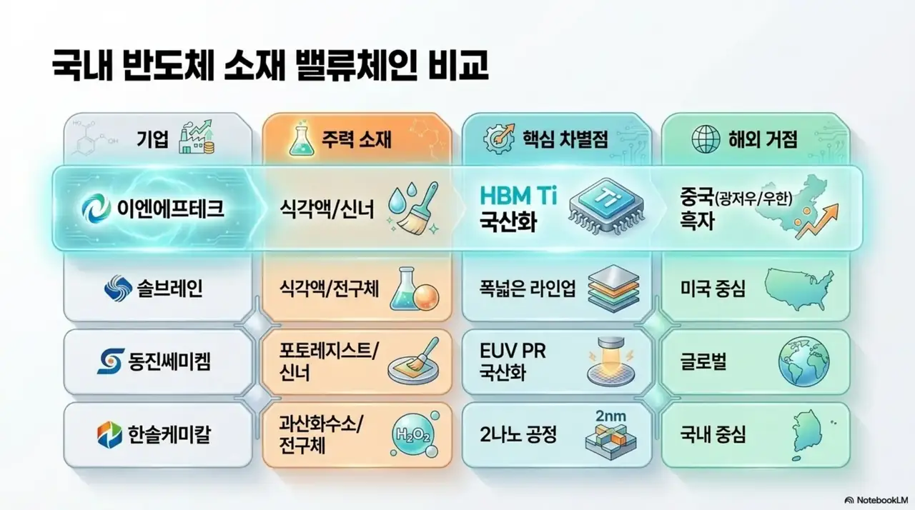 이엔에프테크놀로지 주가 전망: 이엔에프테크놀로지와 솔브레인, 동진쎄미켐, 한솔케미칼을 비교한 국내 반도체 소재 밸류체인 표 이미지. 주력 소재와 핵심 차별점, 해외 거점을 정리해 이엔에프테크놀로지의 HBM Ti 국산화와 중국 거점 흑자라는 경쟁 우위를 설명함