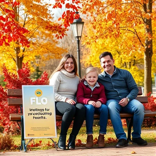 맑고 시원한 가을날, 단풍이 예쁘게 물든 공원 벤치에 앉아 밝게 웃고 있는 행복한 가족(부모님과 아이 2명)의 모습입니다. 그들 옆으로는 독감 예방접종 안내 문구가 작게 적힌 포스터가 자연스럽게 보이는 배경으로, 따뜻하고 평화로운 분위기를 담고 있습니다.