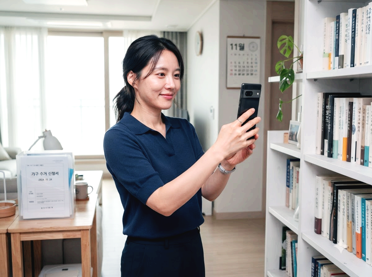 밝은 아파트 거실에서 무상수거 신청을 위해 책장 사진을 스마트폰으로 촬영하는 30대 여성의 모습