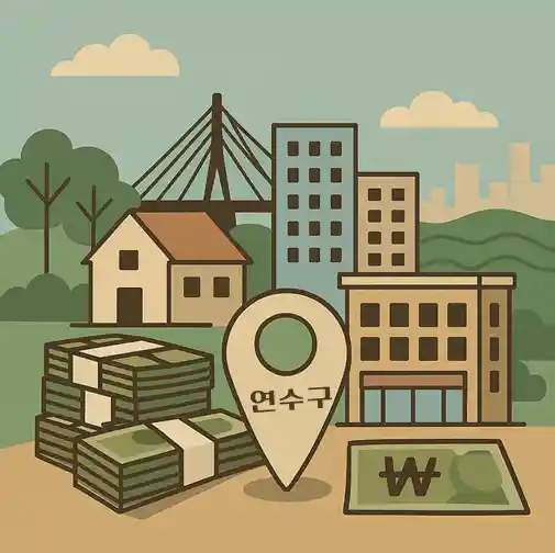 주택, 아파트, 상가건물과 돈이 있는 그림