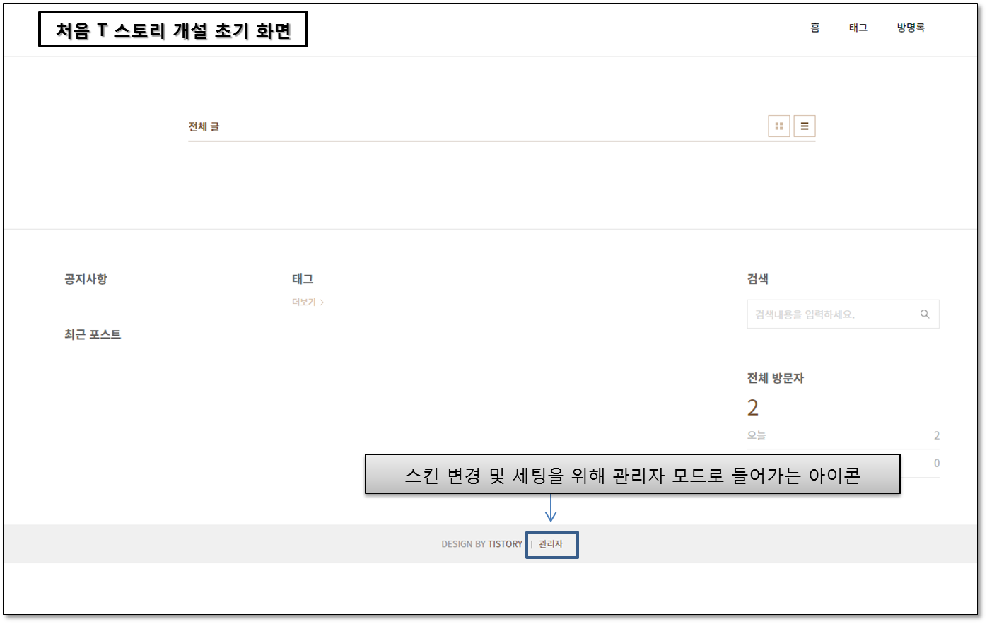 티스토리 개설 초기 화면 및 관리자 모드 들어가는 아이콘 설명 참조 사진