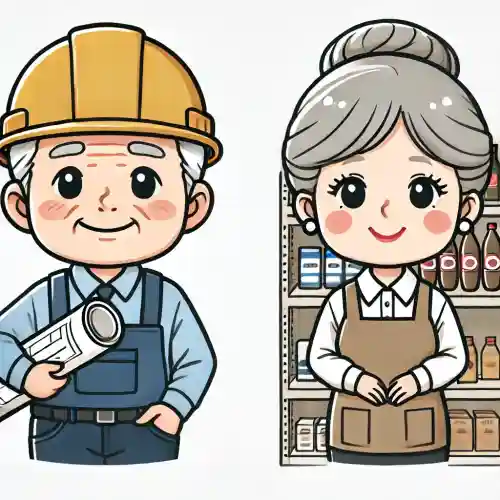 건설모와 유니폼을 착용한 노년 남녀 근로자