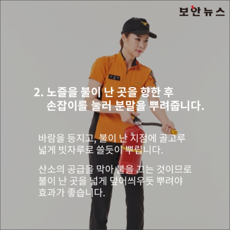 소화기 상단에 부착된 원형 압력계의 바늘이 녹색 구간을 가리키고 있는지 점검하는 모습