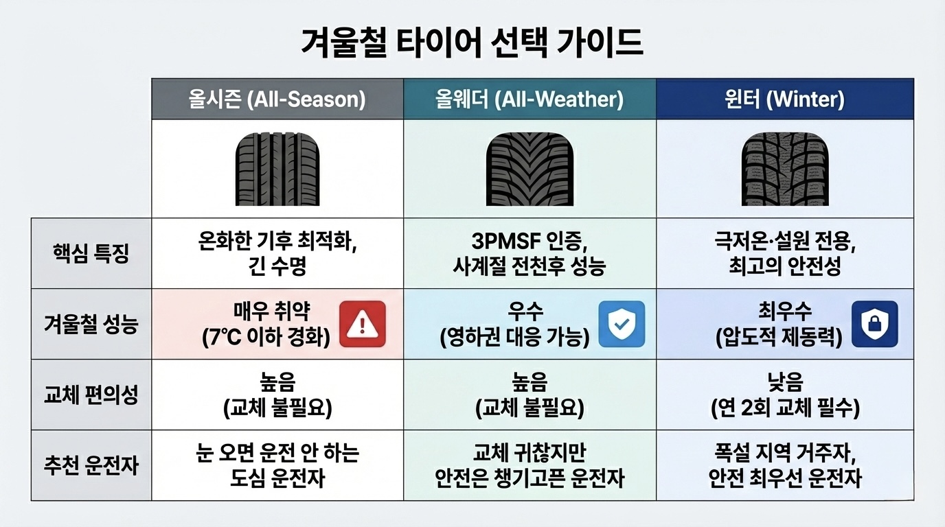 올시즌, 올웨더, 윈터 타이어의 특징과 겨울철 성능 비교표