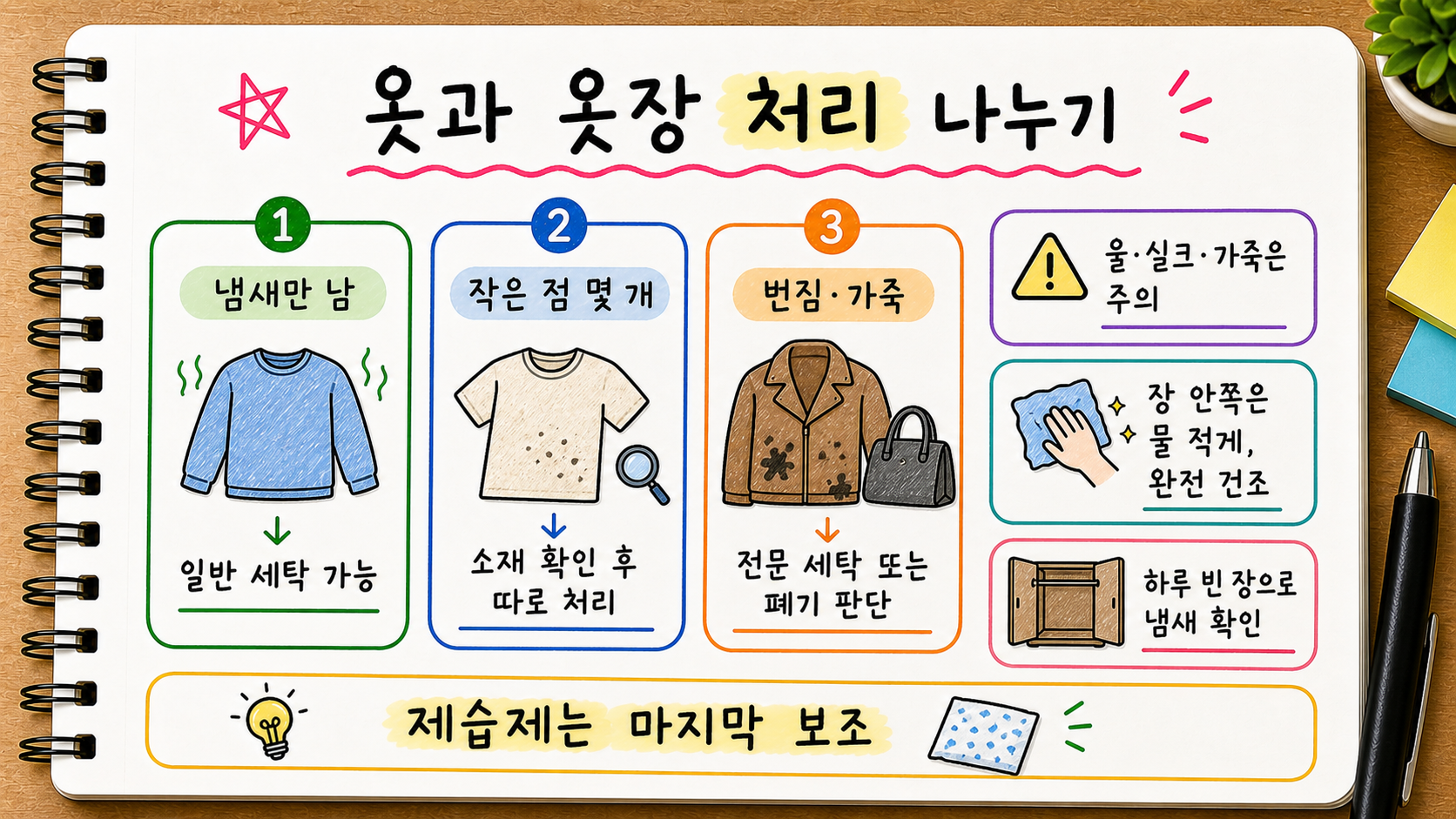 옷장 곰팡이 냄새가 밴 옷을 냄새만 남은 경우 작은 점 번짐과 가죽 소재로 나누는 기준을 정리한 손글씨 카드