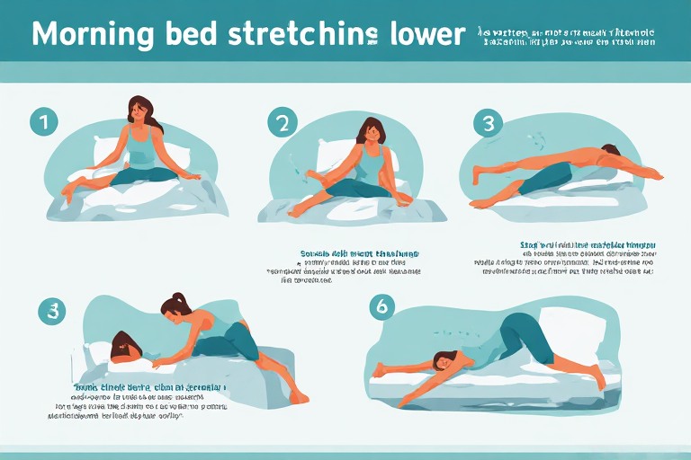Infographic showing a 4-step bed stretching routine to relieve morning lower back pain.