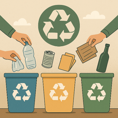 파란색, 노란색, 초록색 재활용 통이 나란히 놓여 있고, 각각 플라스틱병, 캔, 종이, 유리병이 구분되어 들어가는 장면의 일러스트