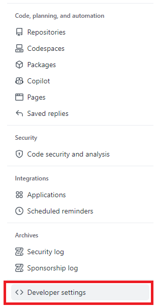 깃허브 세팅 좌측에 Developer settings메뉴 있는 위치