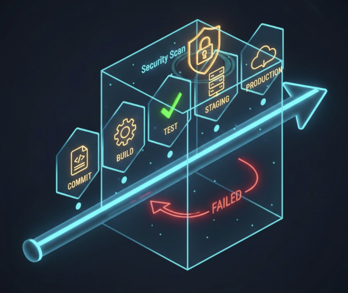 개발자가 작성한 소스 코드가 자동 빌드, 자동 테스트 단계를 거쳐 스테이징 및 실제 운영 서버로 안전하게 배포되는 CI/CD 파이프라인의 전 과정을 도식화한 인포그래픽 이미지. 중간의 피드백 루프와 보안 스캔 단계를 포함하여 지속적 통합 및 배포의 안정성을 시각적으로 강조함.