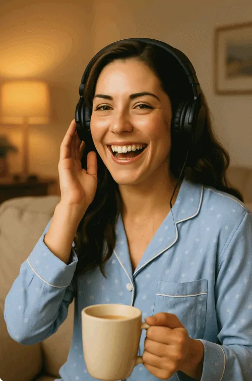 The same female character relaxing at home in pajamas, wearing headphones and holding a coffee mug while laughing. This image highlights RunwayML’s ability to express emotion and maintain visual coherence across casual scenes (RunwayML Gen-4, character realism).