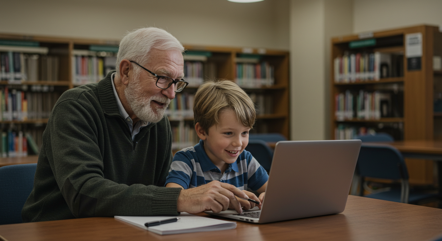 손자와 노트북을 함께 하고 있는 할아버지