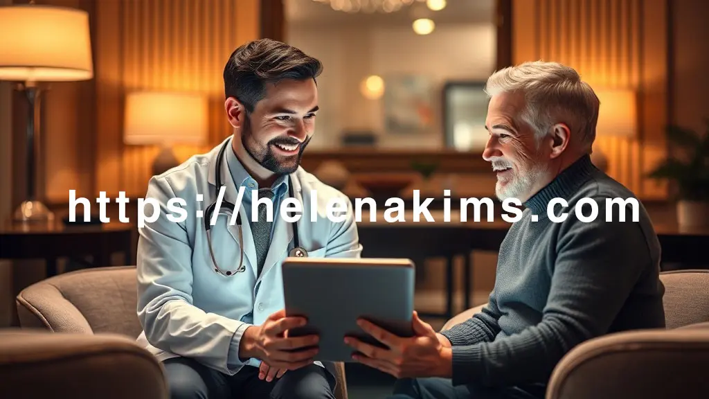 친근하고 온화한 미소를 띠는 비뇨의학과 전문의가 환자와 마주 앉아 태블릿PC 화면을 함께 보며 대화하고 있습니다. 환자는 의사의 설명을 주의 깊게 경청하며 고개를 끄덕이고, 걱정보다는 이해와 희망이 담긴 표정을 짓고 있습니다.