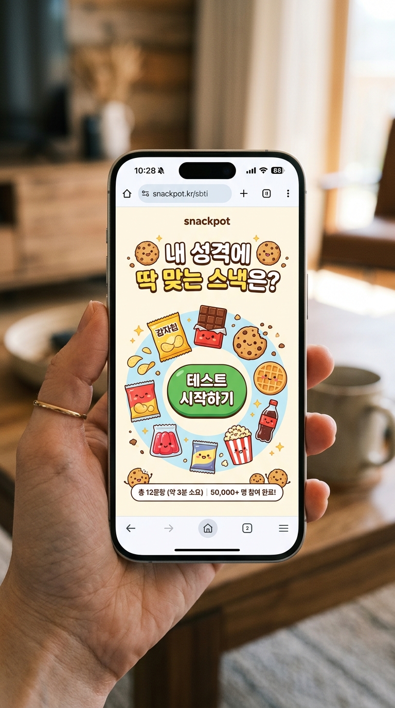 스마트폰으로 쉽게 접속할 수 있는 스낵팟 SBTI 테스트 메인 화면 캡처