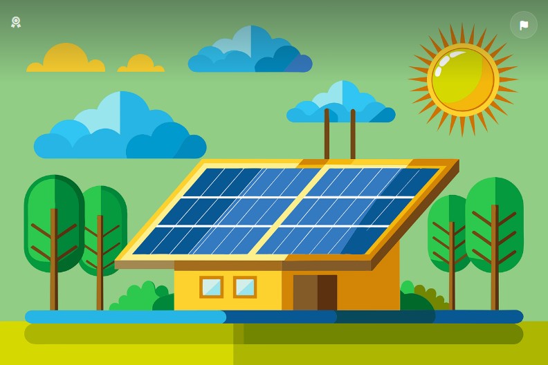 태양광 패널이 설치되어 있는 집과 태양