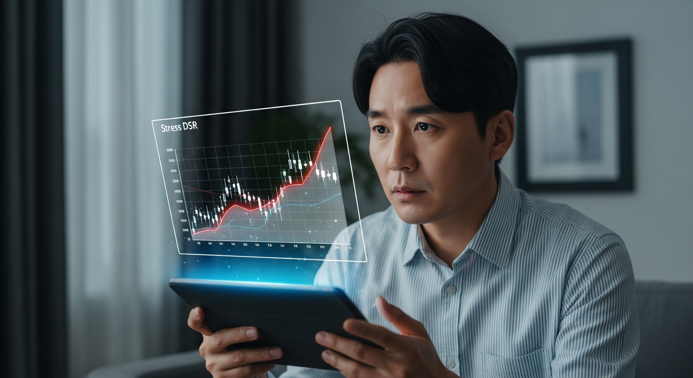 거실에서 검은색 태블릿 화면 위로 떠오른 홀로그램 금융 차트를 보며 걱정스러운 표정을 짓고 있는 동안(젊어 보이는) 한국 중년 남성(검은 머리, 흰머리 없음). 홀로그램은 '스트레스 DSR' 한도를 나타내는 빨간색 선 그래프를 보여줍니다. 하이테크하고 깔끔한 분위기, 영화 같은 조명.