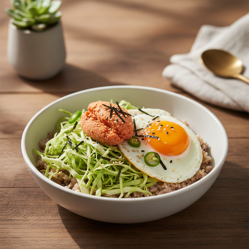 얇게 채 썰어 아삭함이 살아있는 싱싱한 연두색 양배추와 그 위에 정갈하게 올라간 분홍빛 명란젓의 모습.