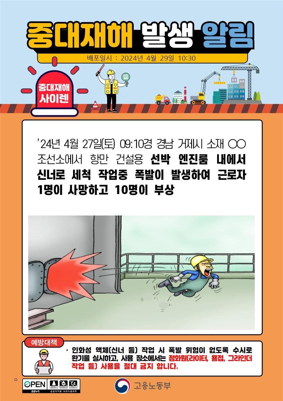 선박 엔진룸 내에서 신너로 세척 작업 중 폭발