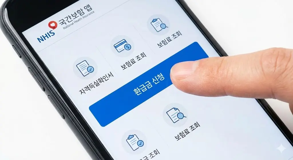 건강보험공단 앱 화면, '환급금 신청' 버튼을 누르는 손가락