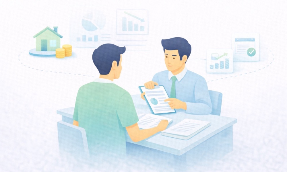 주택담보대출 금리 비교와 대출 조건 분석 상담 장면을 표현한 이미지