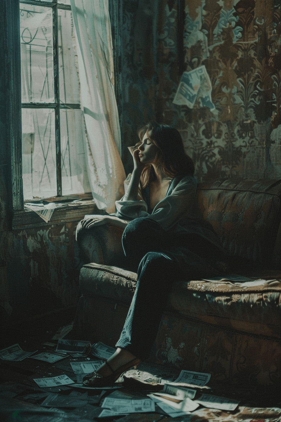 낡은-쇼파-위에-앉아-있는-여성